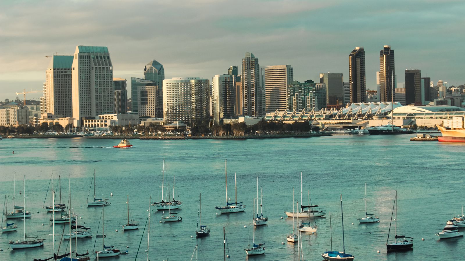 San Diego skyline and harbor at golden hour